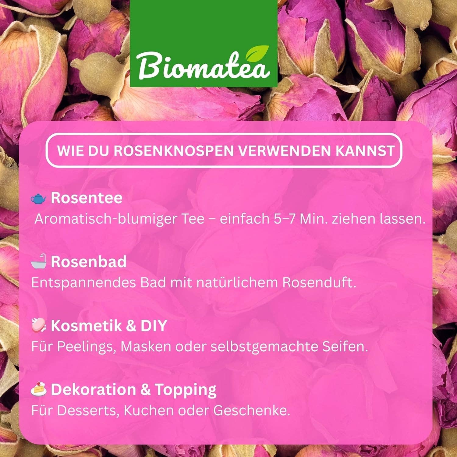 Biomatea - Wholesale Losse thee - Rozenknoppen, 100 g geurige, hele rozenthee bloemen, rozenthee, rozen thee tea1