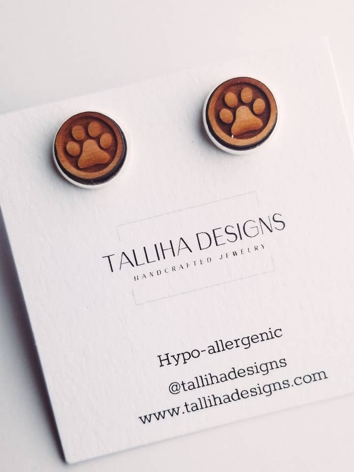 12mm Wood Engraved Animal Paw Print Stud Earrings for wholesale by Talliha Designs