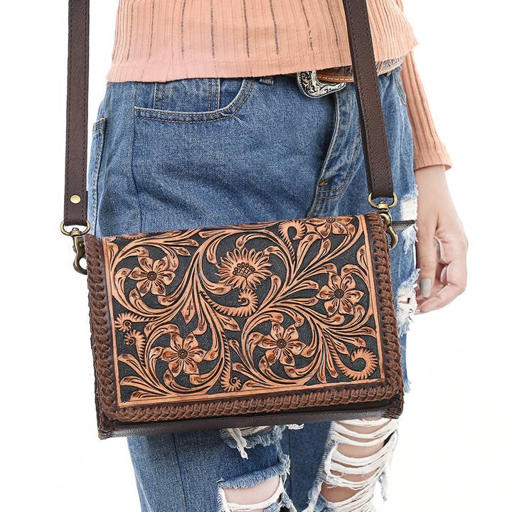 LS Western - Wholesale Crossbody Bag - Women's - ADBGA614 Tooled Leather Western Crossbody Bag-Floral Handcrafted Shoulder Purse7