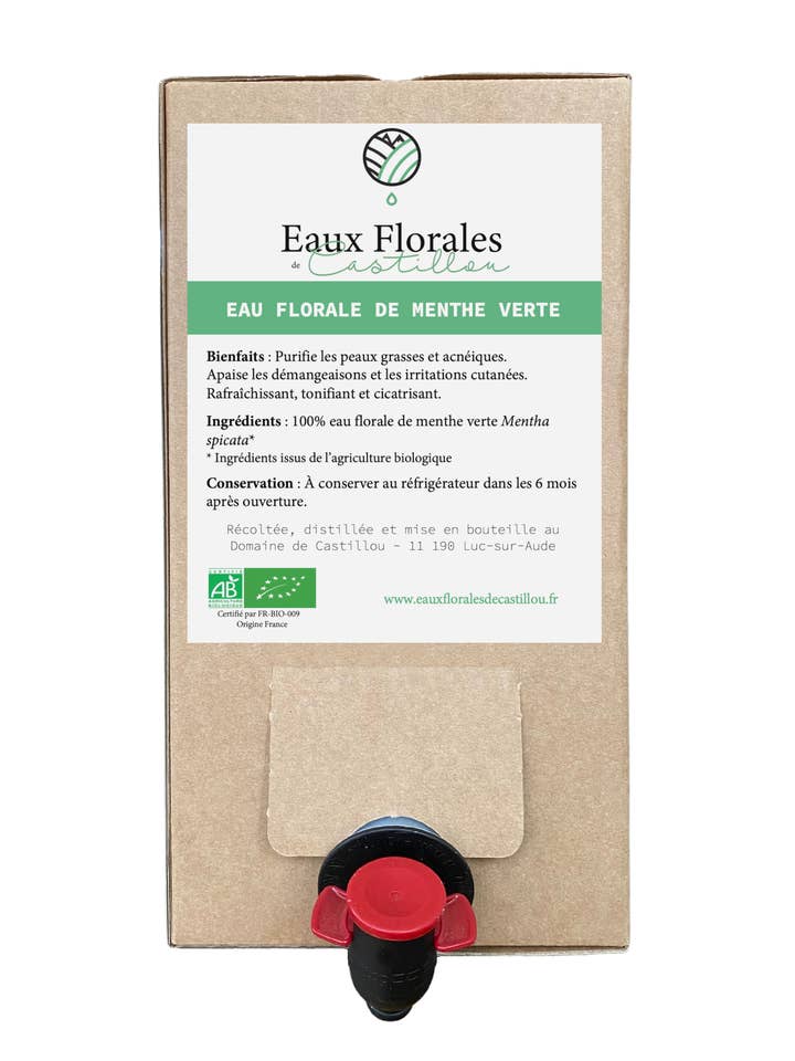 Bio-Blütenwasser mit grüner Minze - Bag-in-Box 3L für den Großhandel von Eaux Florales de Castillou