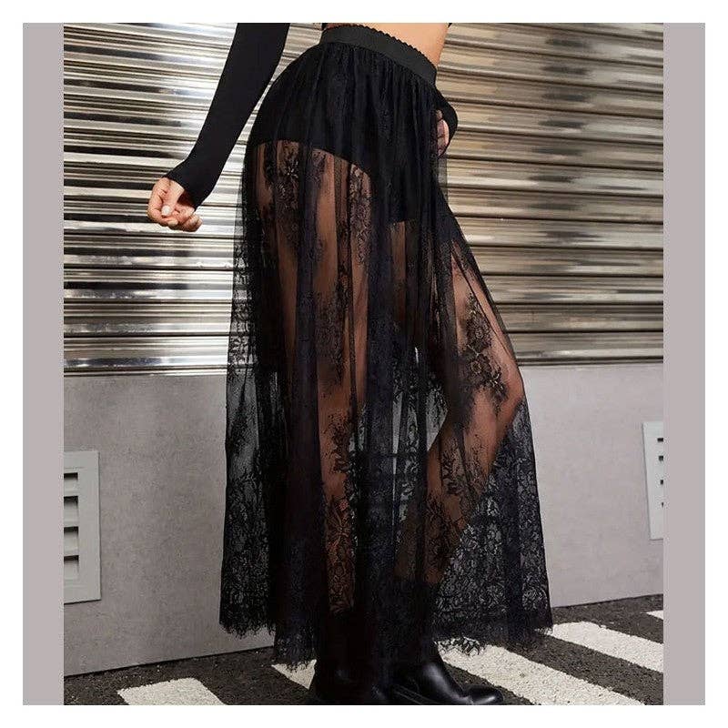 Sheer Trend - Wholesale Skirt - Women's - Solid Color Lace Sheer Midi Skirt1