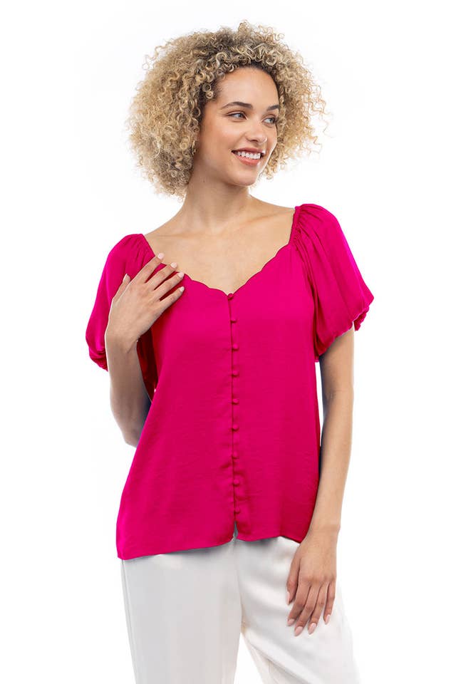 Naked Zebra - Wholesale Blouse - Women's - Scalloped Button Front Balloon Sleeve Blouse