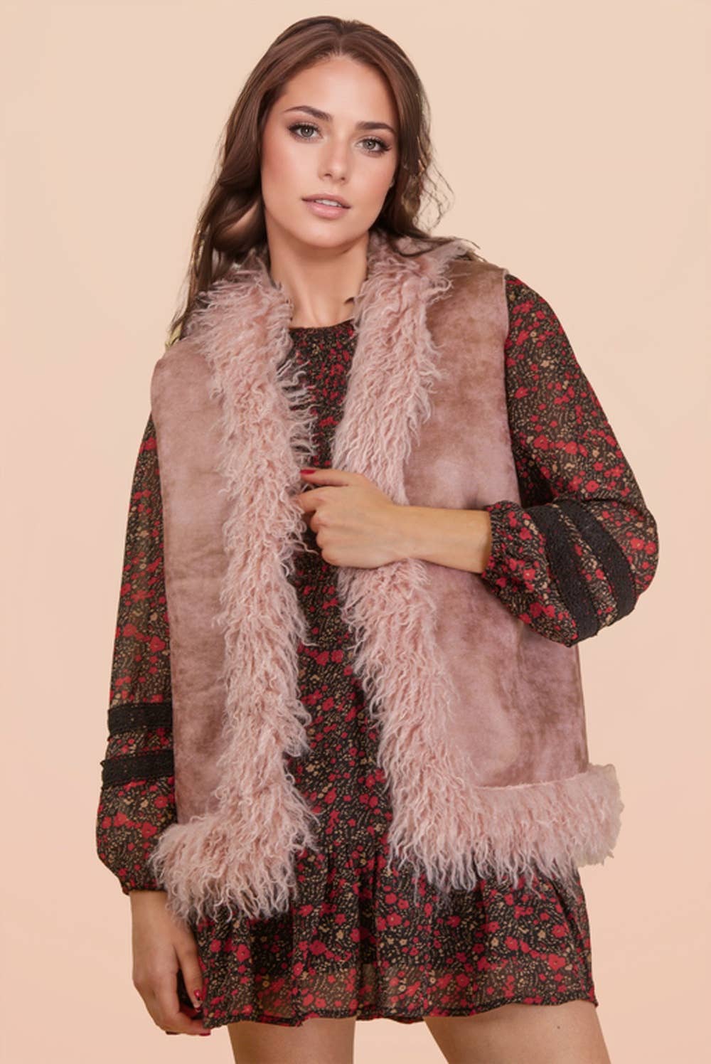 VERY J - Vente Veste sans manches – femme - NJ90398-Gilet Bohème en Suédine Sherpa avec Fausse Fourrure0