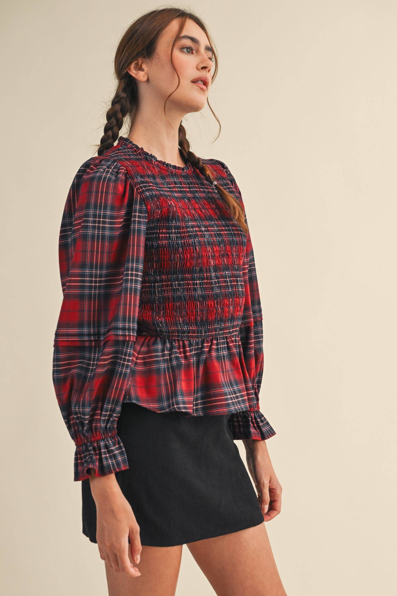 SMOCKED PLAID PUFF SLEEVE PEPLUM TOP MTP4192 for wholesale on Faire14