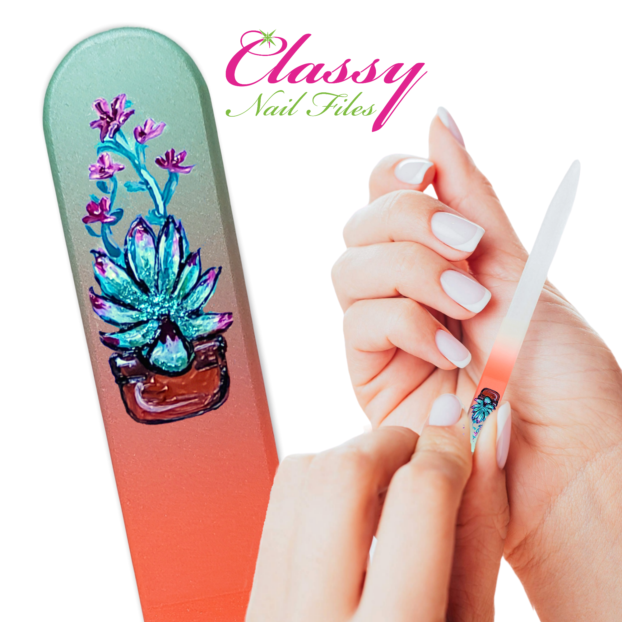 Classy Nail Files - Wholesale Nail File - Succulents Cactus Colored Hand Painted Crystal Nail File5