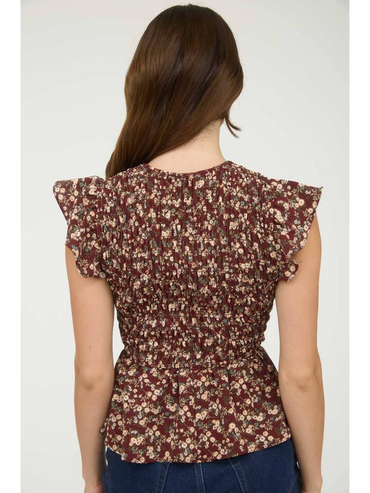 MINE - Wholesale Blouse - Women's - FLORAL SMOCKED V NECK RUFFLE SLEEVE TOP