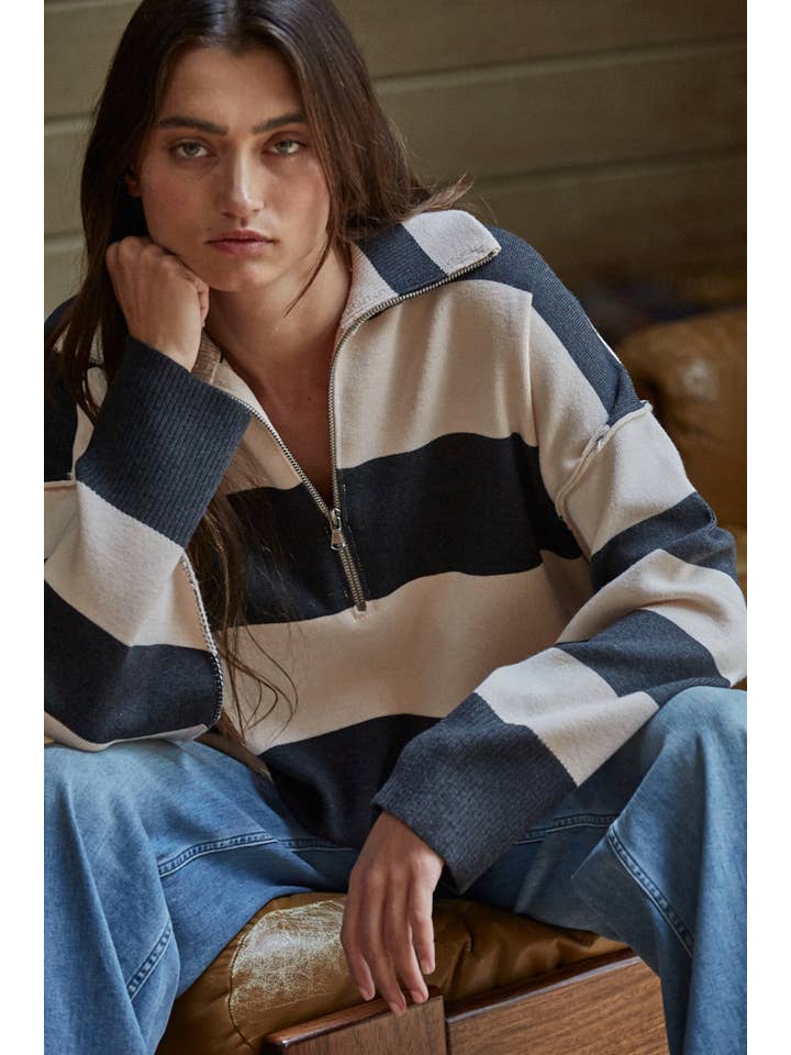By Together - Wholesale Knit Sweater - Women's - W2199 | Knit Sweater Polyester Viscose Striped Turtleneck Dr