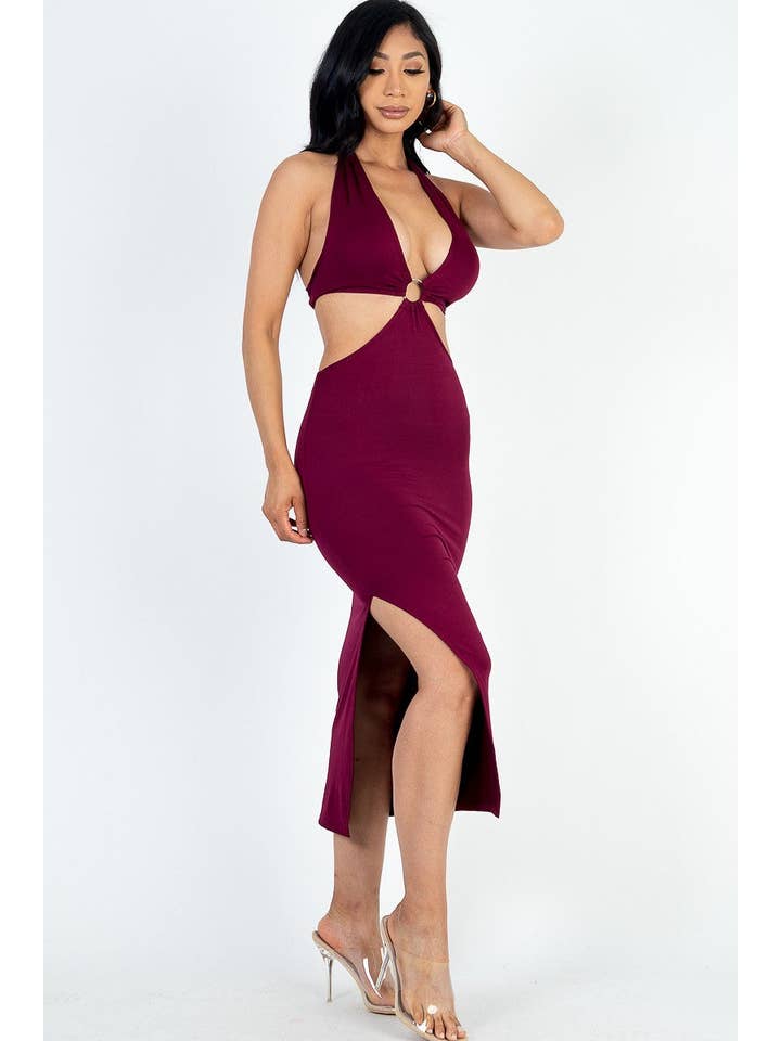 CC Wholesale Clothing - Wholesale Dress - Women's - Cut-out Halter Neck Double Back Tie Split Thigh Midi Dress1