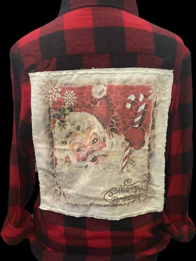 Candy Cane Santa patch on Red/Blk Flannel / Christmas for wholesale by Bling-A-GoGo, LLC