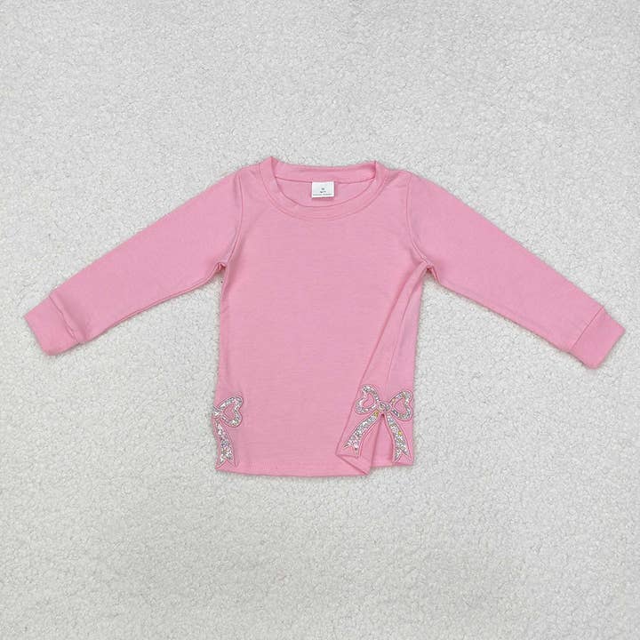T-shirts à manches longues roses pour bébé filles avec nœuds et broderie sur le côté pour la vente par Aier Wholesale