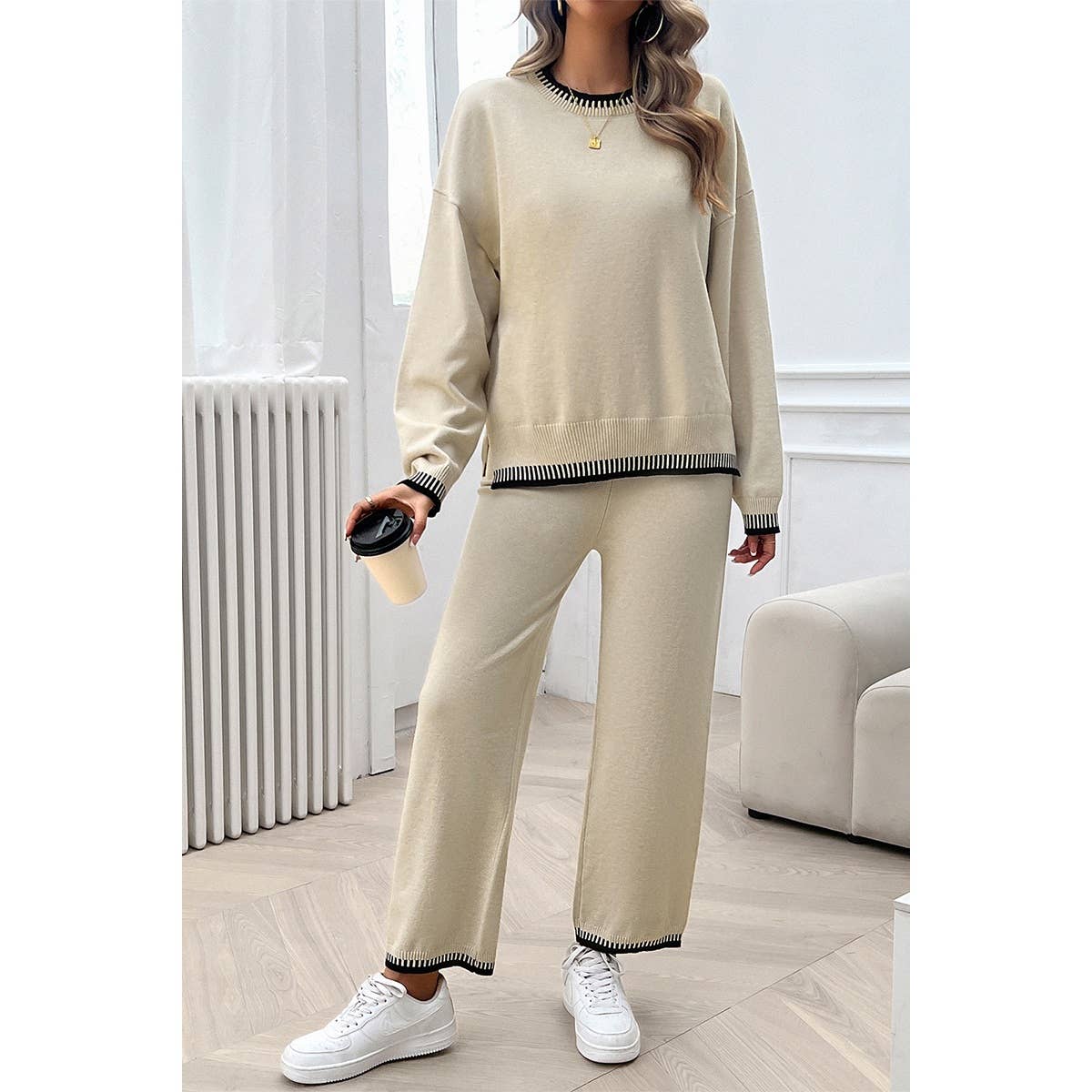 Supreme Fashion - Wholesale Lounge Set - Women's - Colock Block Round Neck Drop Shoulder Loose Set2