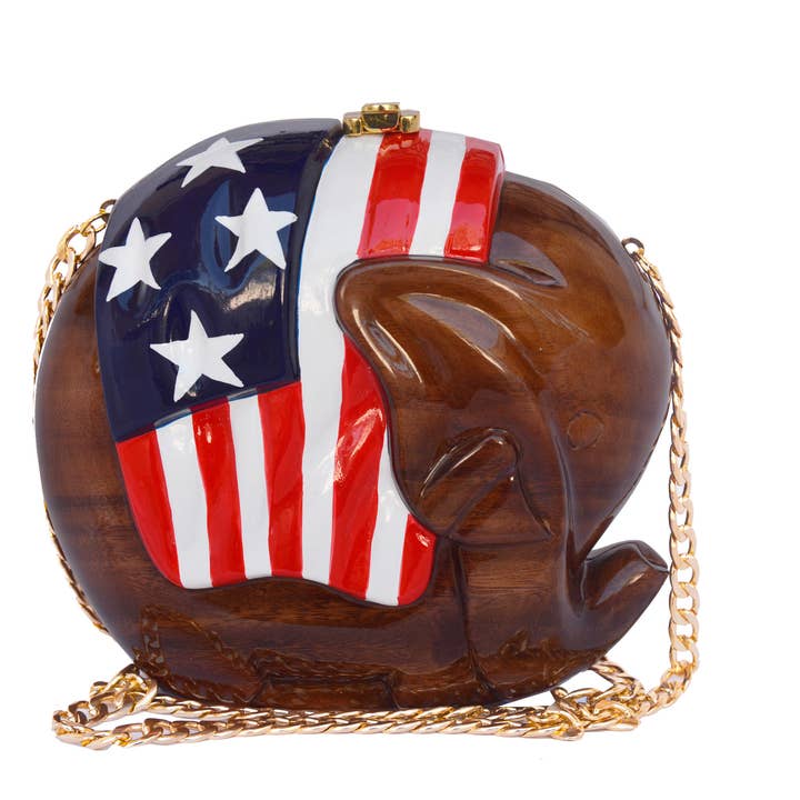 Sac à main en bois fait main avec éléphant et drapeau Old Glory pour la vente par Timmy Woods Beverly Hills