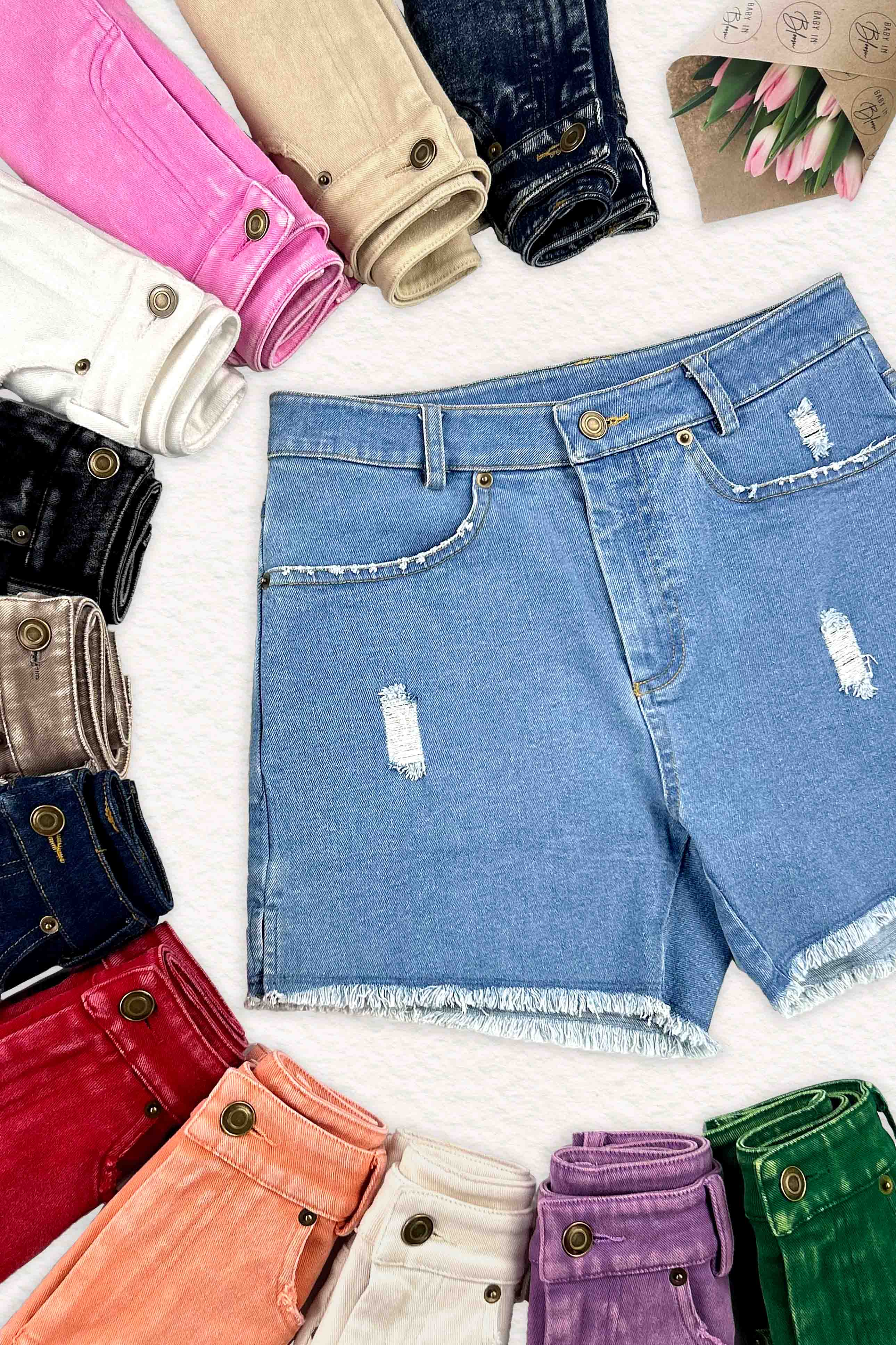 La Miel - Wholesale Shorts - Women's - HCP4224-High Rise Basic Mineral Washed Colored Denim Shorts59