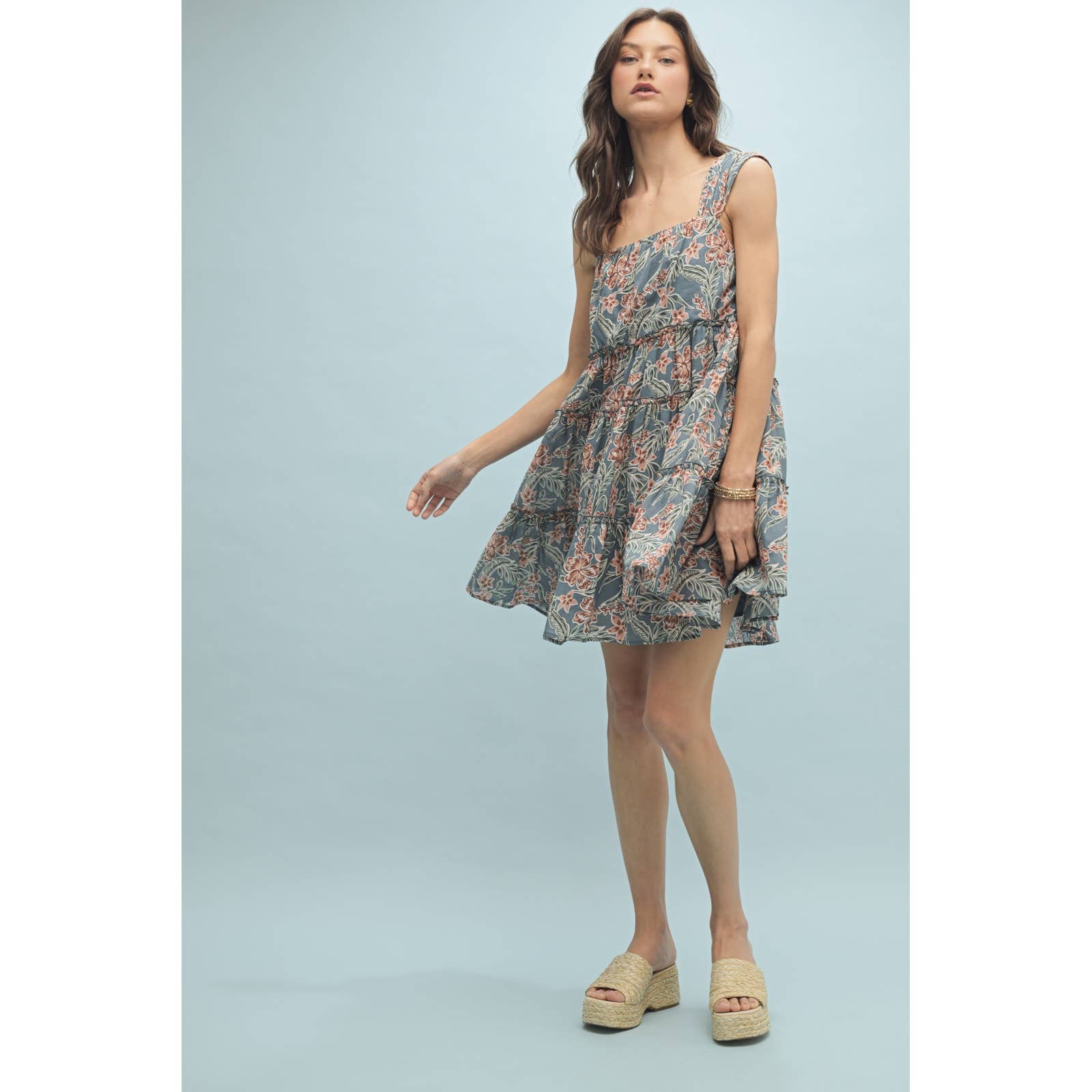 TEAL COMBO FLORAL TIERED MINI DRESS / WL25-10374 for wholesale on Faire1