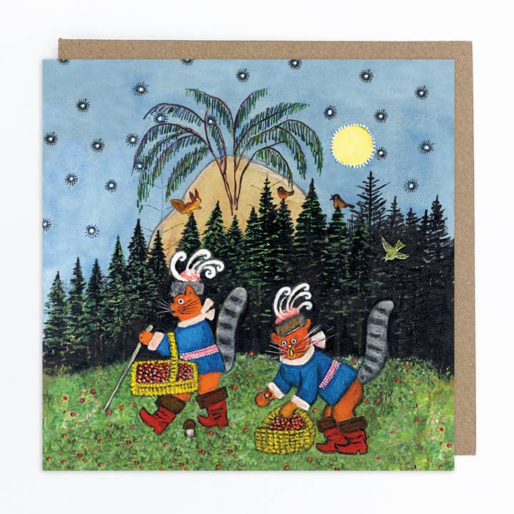 Ginger Cats Picking Berries Greeting Card for wholesale by Kapelki Art