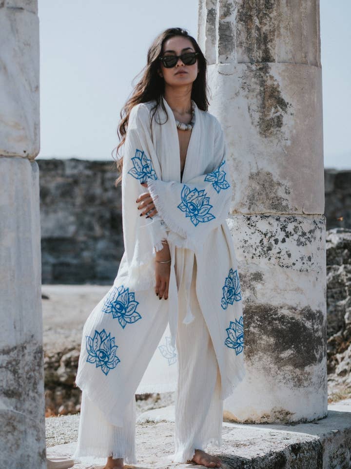 Lotus Kimono Robe, Loungewear, Dressing Gown, Festival Boho Kimono for wholesale by TurkanHome