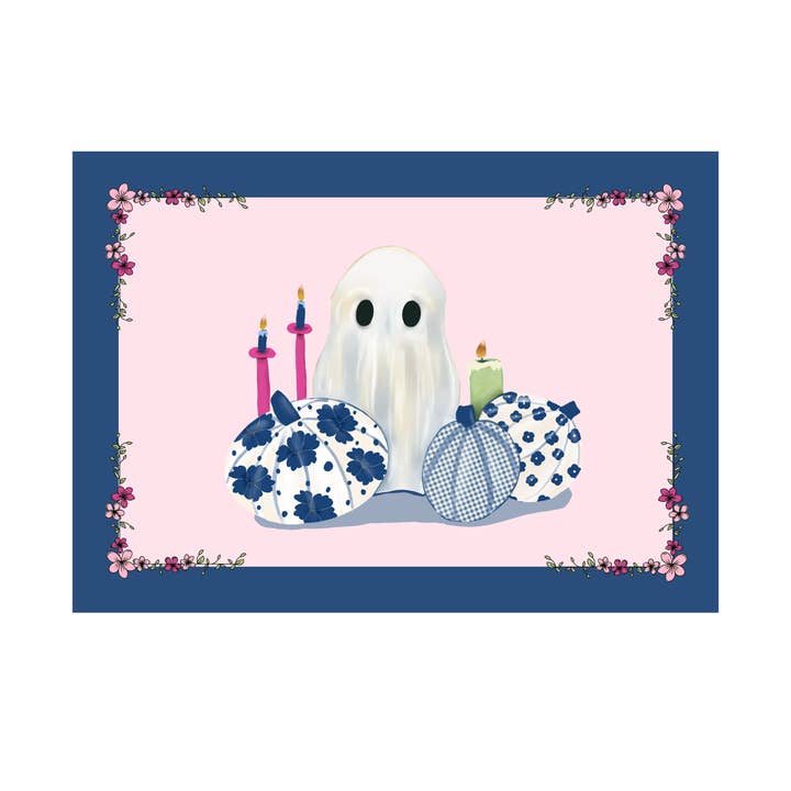 Carte fantôme chinoiserie bleue – Halloween avec une touche originale pour la vente par Sweet Sketches