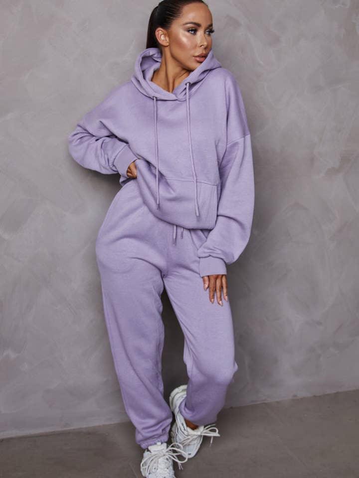 Mauve Oversized Front Pocket Pullover Hoodie Cuffed Joggers for wholesale by Femme Luxe
