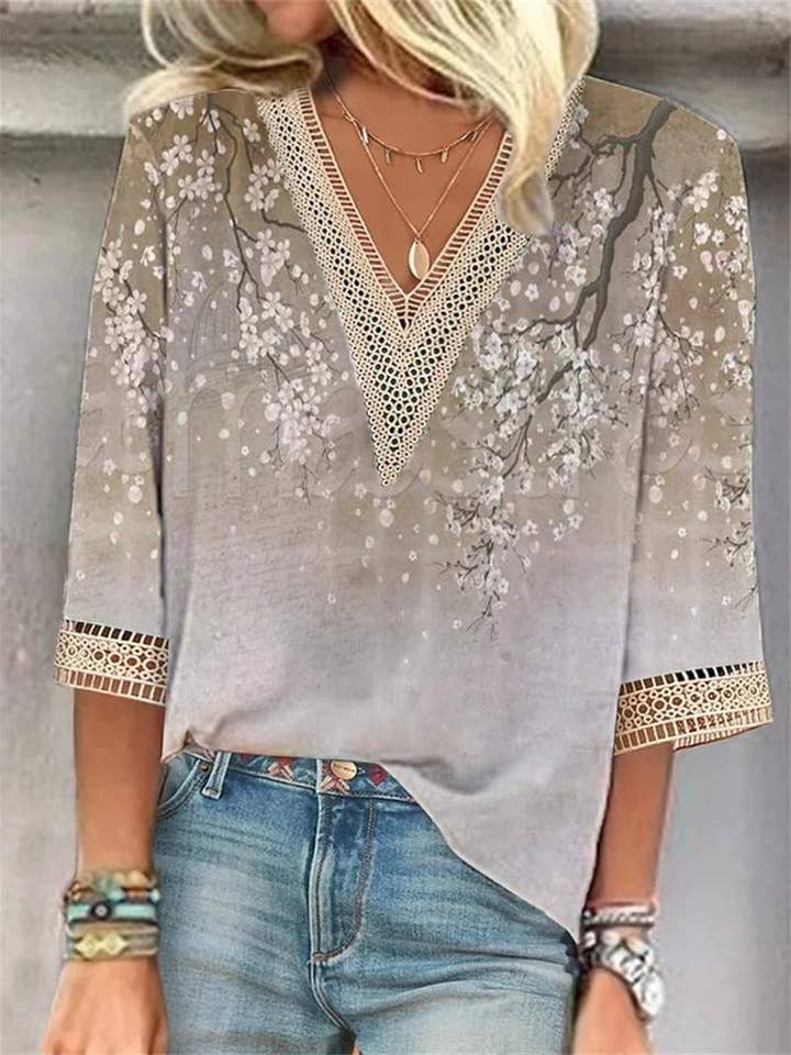 Flarix - Wholesale Blouse - Women's - dot lace trims print sleeve casual basic v neck