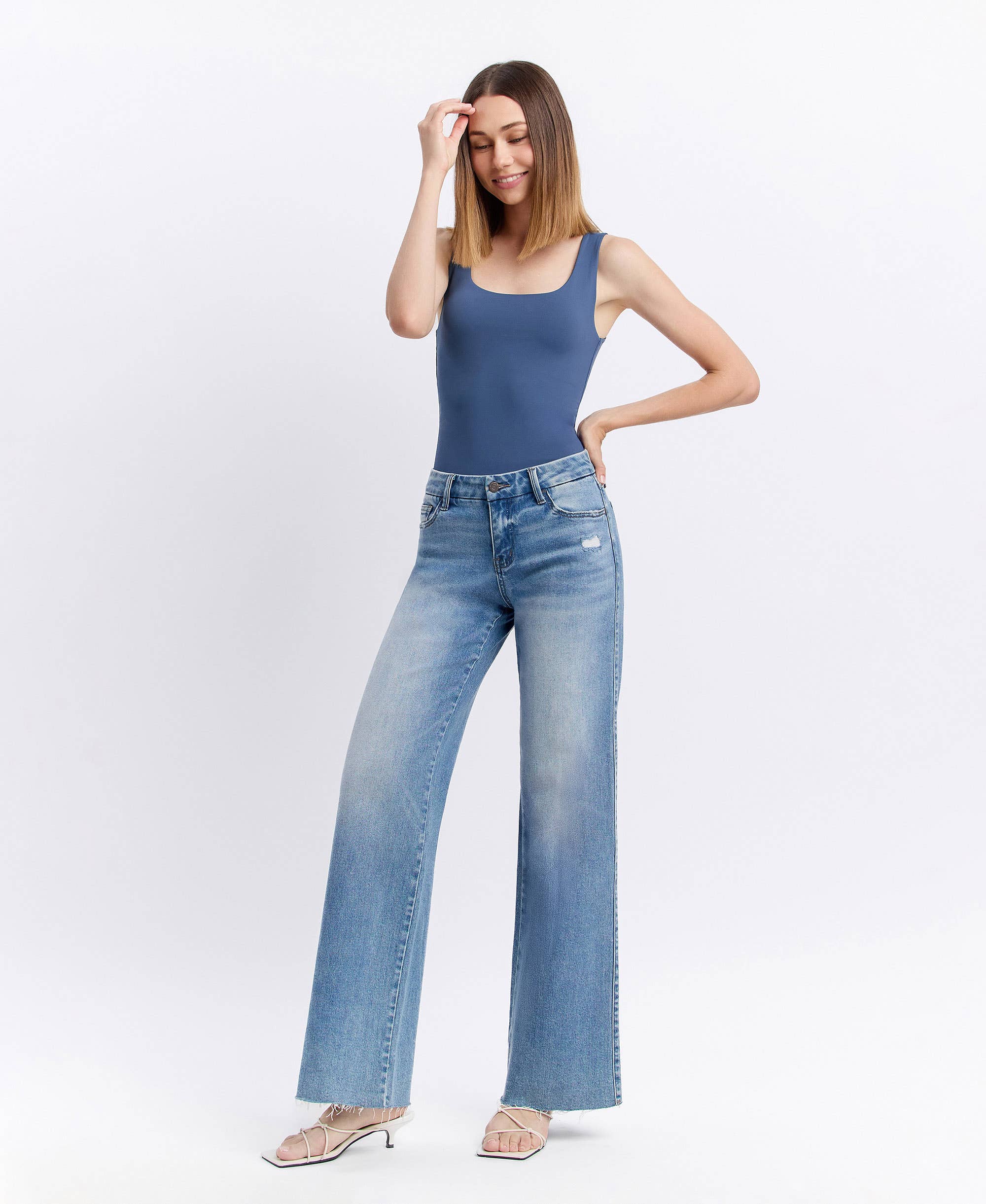 VOUCHSAFE MID RISE MEDIUM WASH CLEAN CUT RAW HEM WIDE JEANS T6017N for wholesale on Faire6