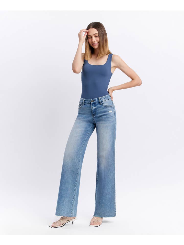 VOUCHSAFE MID RISE MEDIUM WASH CLEAN CUT RAW HEM WIDE JEANS T6017N for wholesale on Faire6