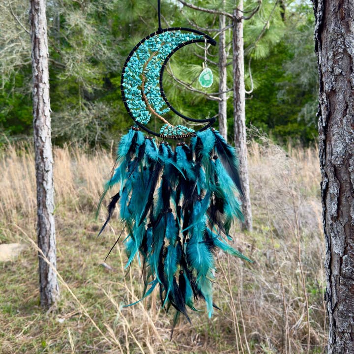 Guzel Handcrafts - Wholesale Dream Catcher - Medium Wall Hanging Crescent Moon Dream Catcher with Turquoise Stones & Hanging Stone Charm with Turquoise Black Feathers Modern Home Decor