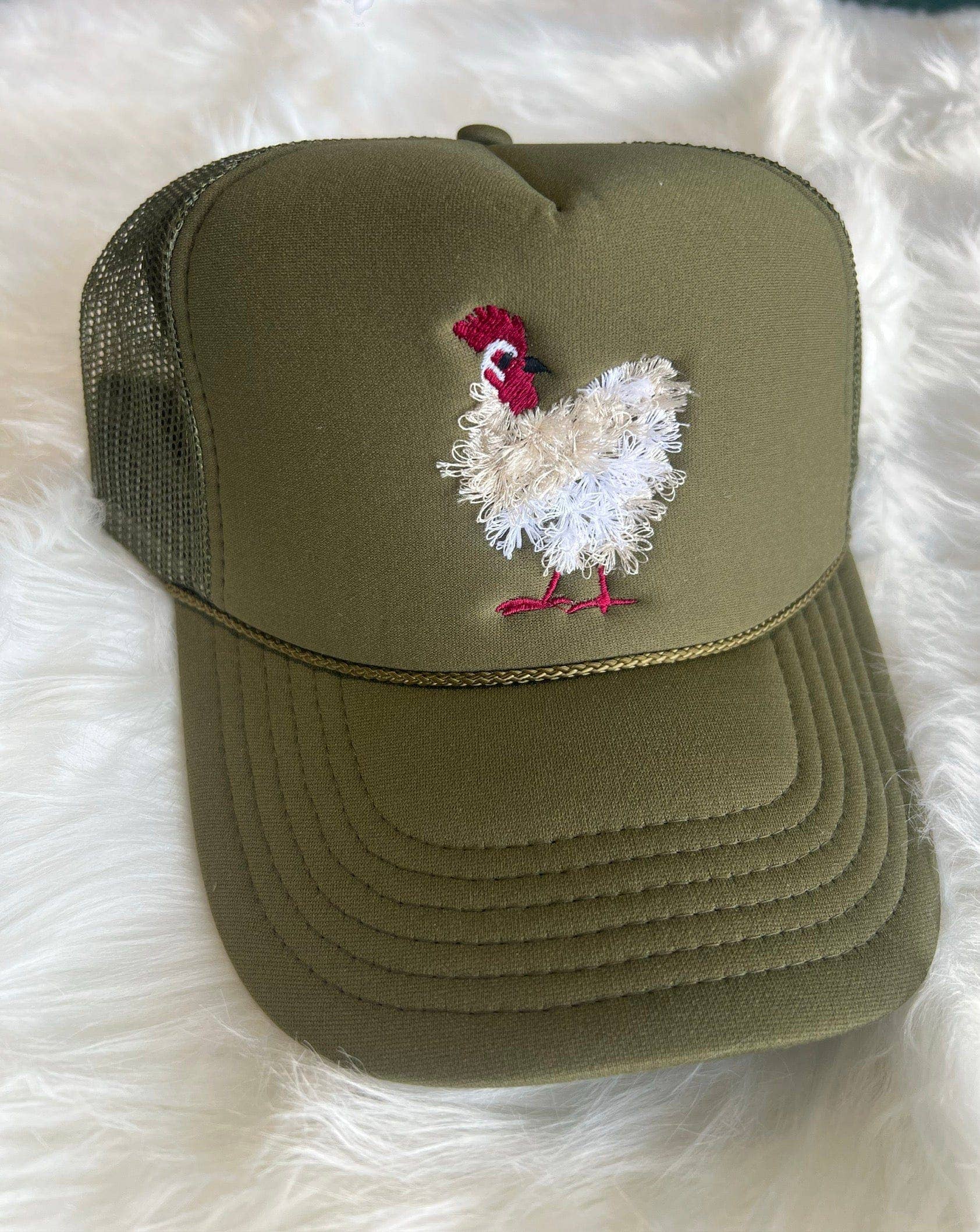 THE LATTIMORE CLAIM - Wholesale Trucker hat – Women’s - Mother Clucker Fluffy Chicken Embroidered Olive Green Otto 1