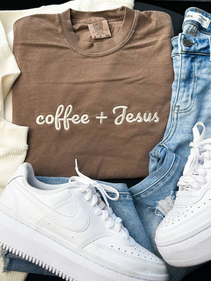 Coffee + Jesus Embroidery Graphic Tee and other Purchase Wholesale christian tee. Free Returns & Net 60 Terms on Faire trending on Faire.