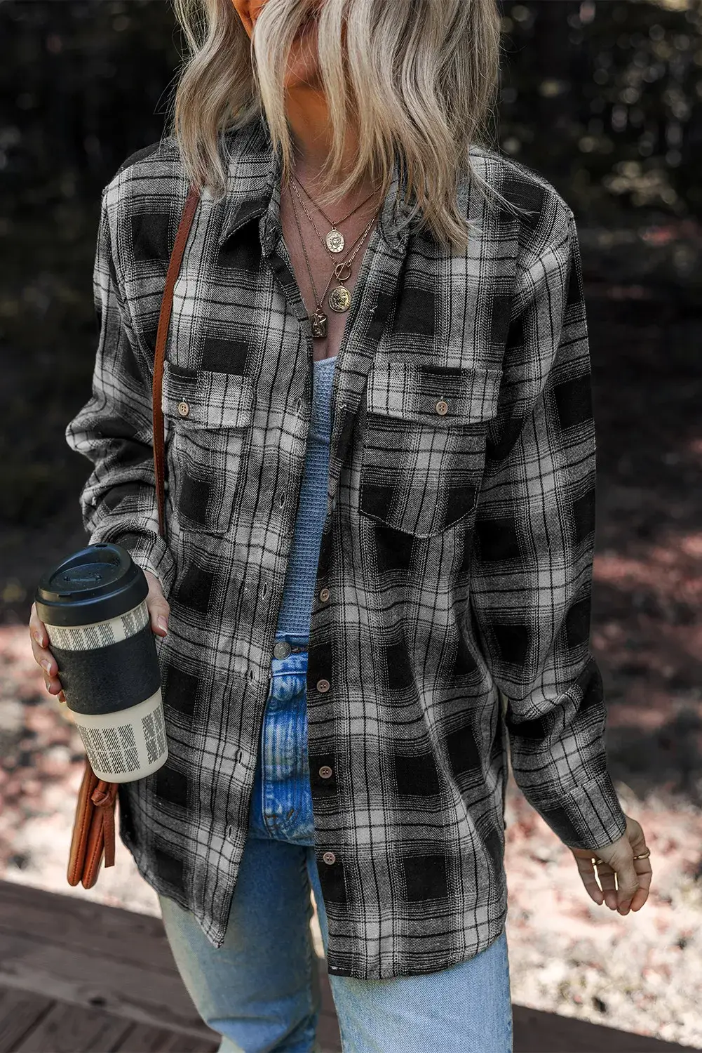 Lovesoft – Engroshandel Skjortejakke/shacket – til kvinder – Multifarvet retroternet børstet shacket med dobbelt flaplomme4