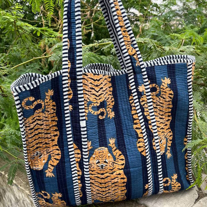 bhavnas boutique - Wholesale Tote Bag - Women's - Blue Cotton Quilted Tiger Print Bag Women Shopping Carry Bag