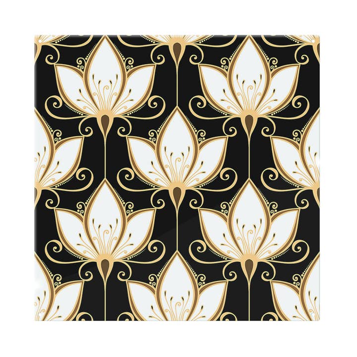 Black & Gold Floral Pattern Splash Back for wholesale by Benjamin Tate Design