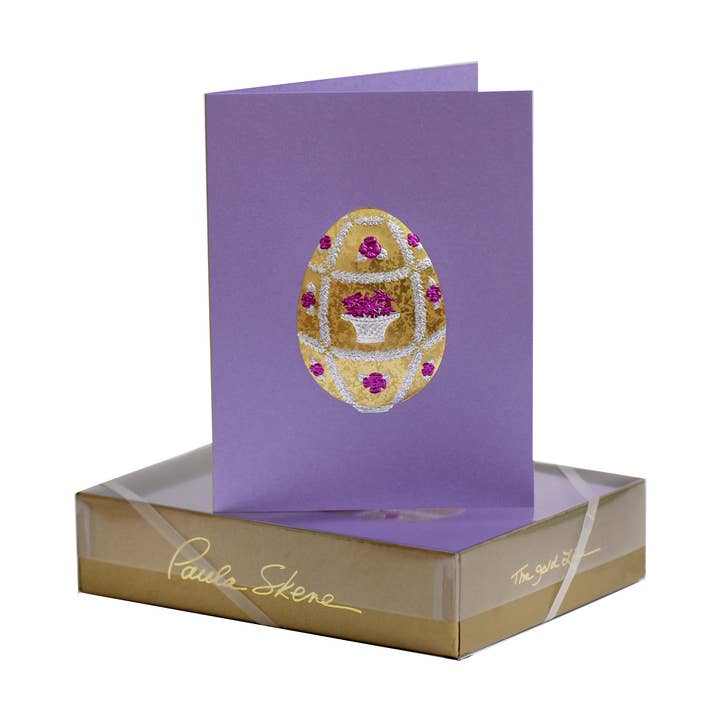 Flower Basket Egg Easter Card on Purple for wholesale by PAULA SKENE DESIGNS