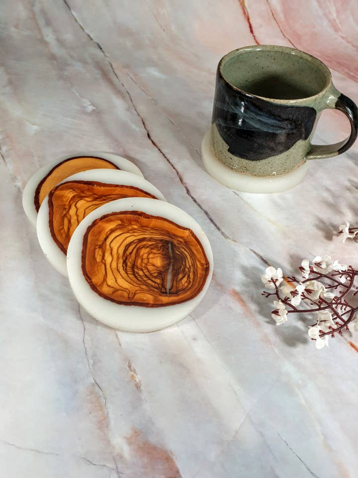 Wood and Resin Coasters - set of four (white) for wholesale by Anastasiou Designs