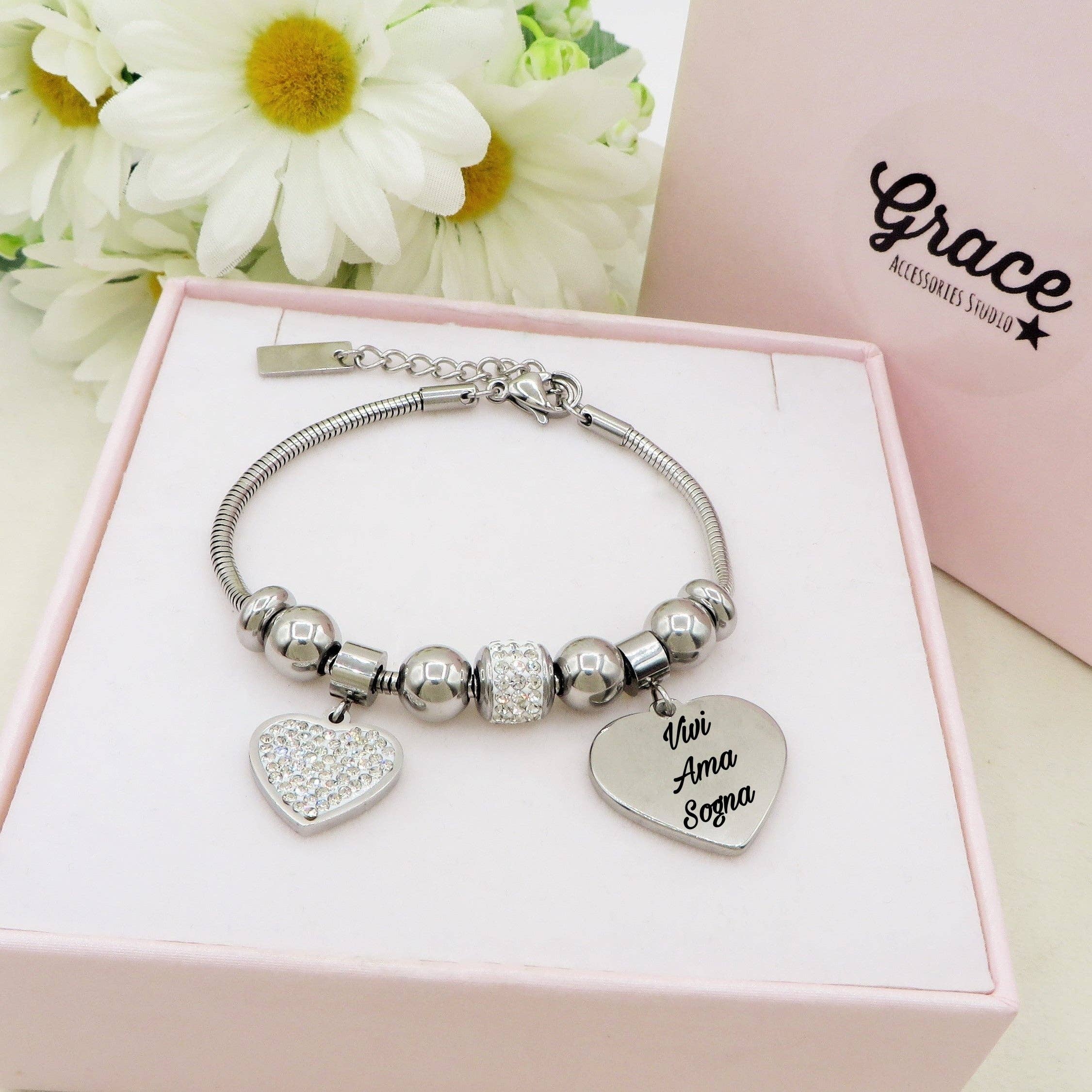 Daemon srls - Venta al por mayor Pulseras de abalorios/colgantes - AMALIA - PERSONALÍZAME ~ Pulsera con dijes deslizantes de acero inoxidable + GRABADO PERSONALIZADO0