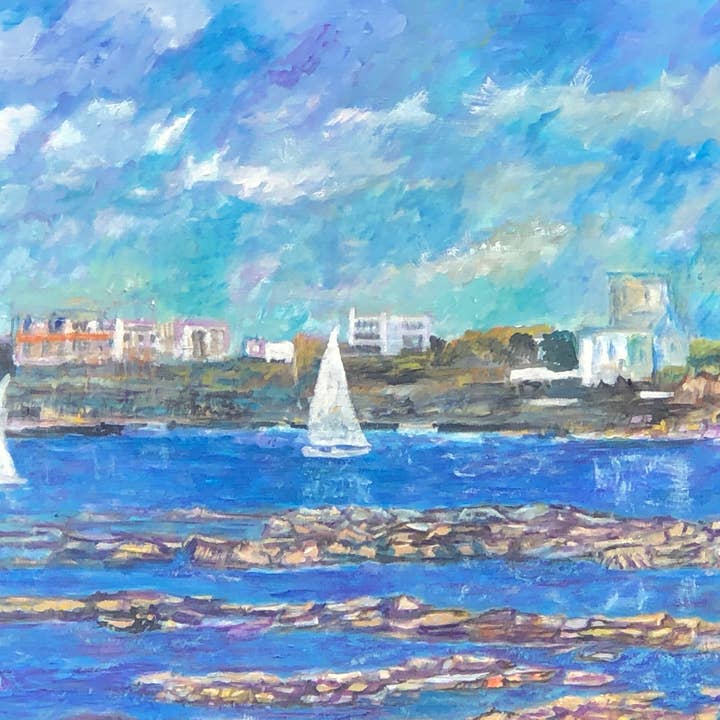 Peinture à l'huile originale « Sandycove avec James Joyce Tower » pour la vente par Gerard Hegarty Original Artist