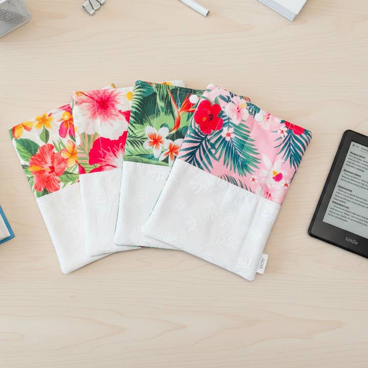 Quilted Tablet Sleeve or Book Sleeve Snap Closure Exterior Pockets - Tropical Floral Hawaiian Collection - Book Cozy - Handmade - Small - 6" x 8" - Limited Edition OOAK for wholesale by Ann Gregory Designs