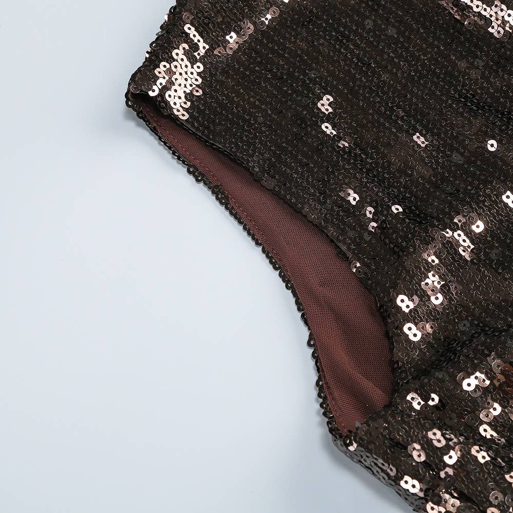 Marrón oscuro+Negro Vestido de noche elegante DR579 con cuello alto y lentejuelas translúcidas de venta al por mayor en Faire10