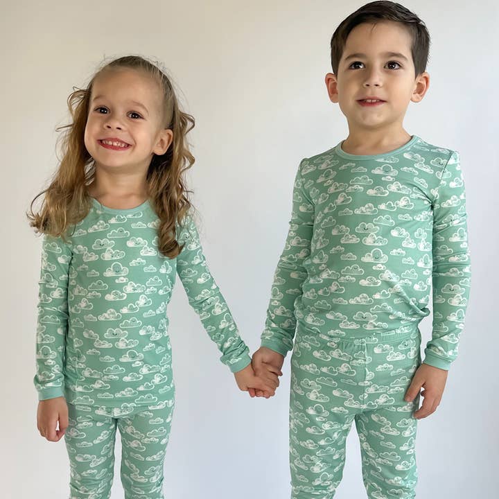 Soft TENCEL Modal Toddler, Kids 2-Piece Pajamas, Teal Clouds for wholesale by tiny knot co.
