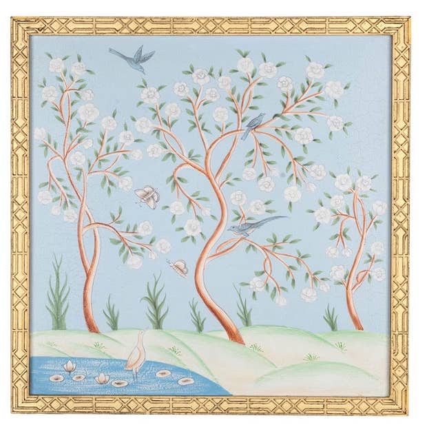 The Enchanted Home - Wholesale Wall Accent - Pale Blue and Multi Color CHINOISERIE MURAL WITH GOLD FRETWORK FRAME4