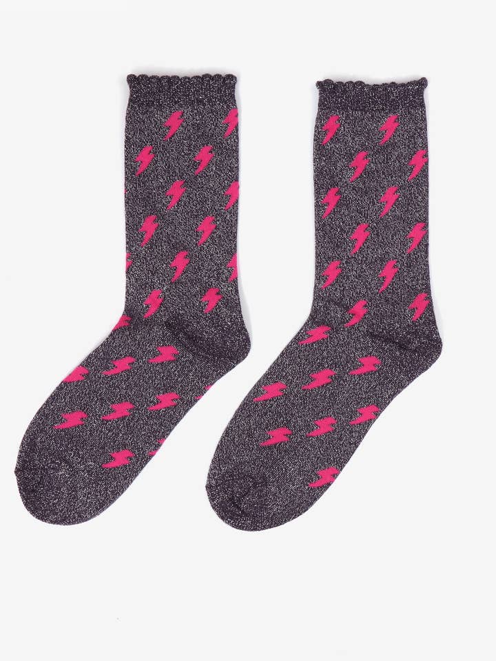 Sock Talk - Wholesale Socks - Women's - Women's Glitter Socks - Navy Blue/Fuchsia - Lightning Bolts
