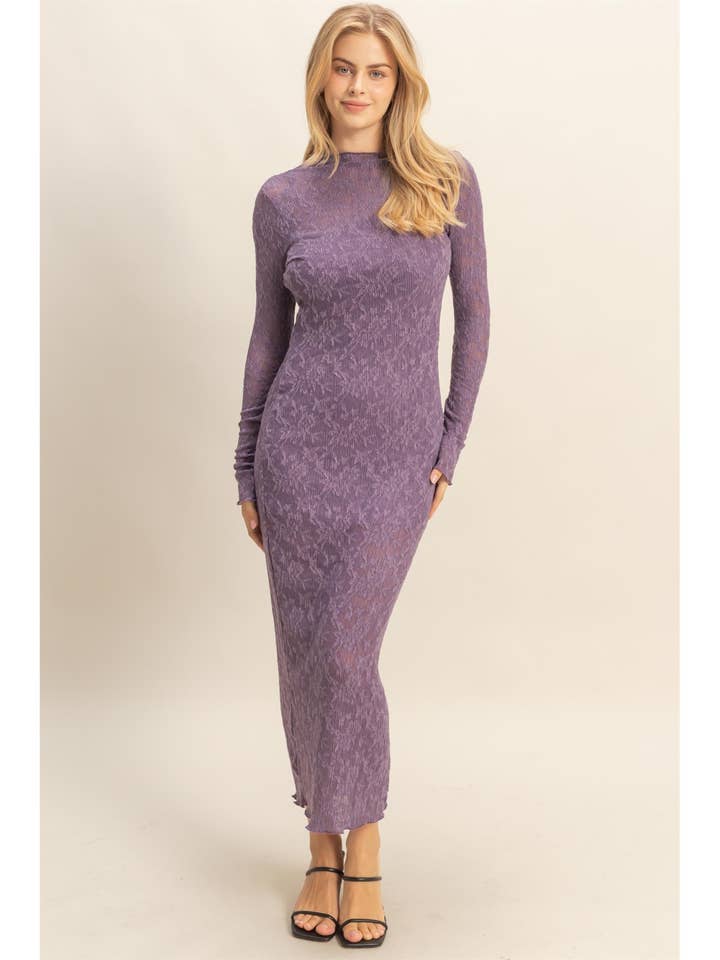 Sleek Long Sleeve Mock Neck Lace Maxi Dress for wholesale by HYFVE