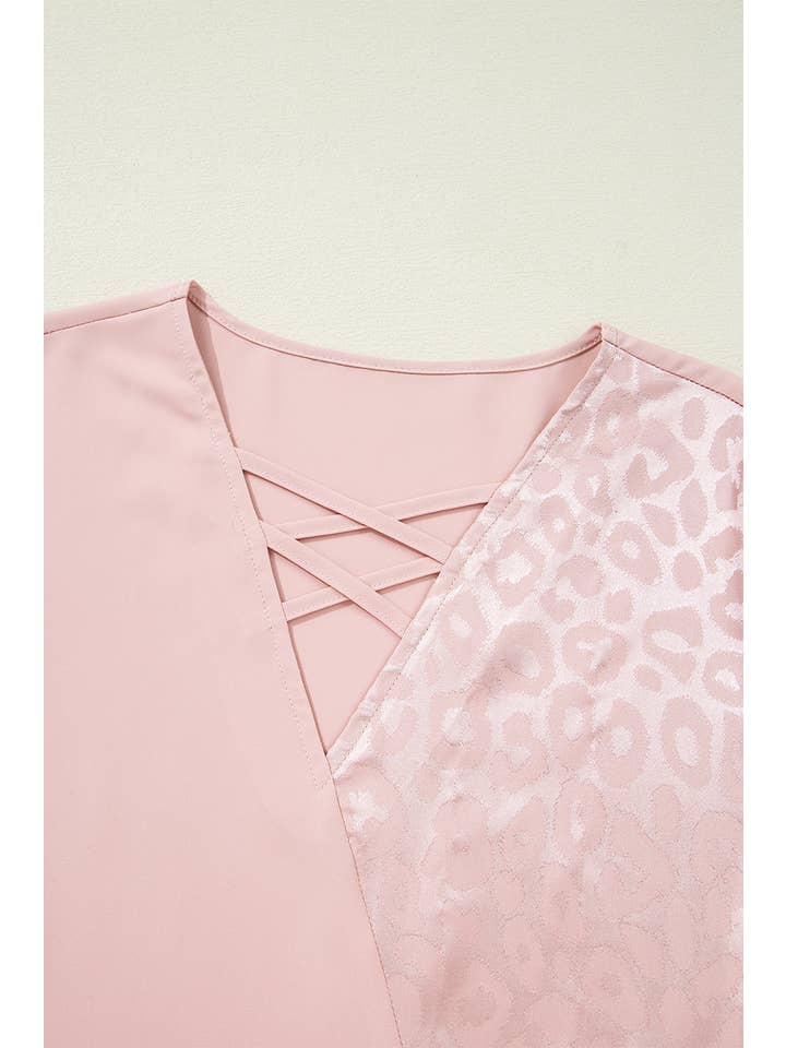 Pink Leopard Jacquard Patchwork Crisscross V-Neck Blouse (S-XL) for wholesale on Faire