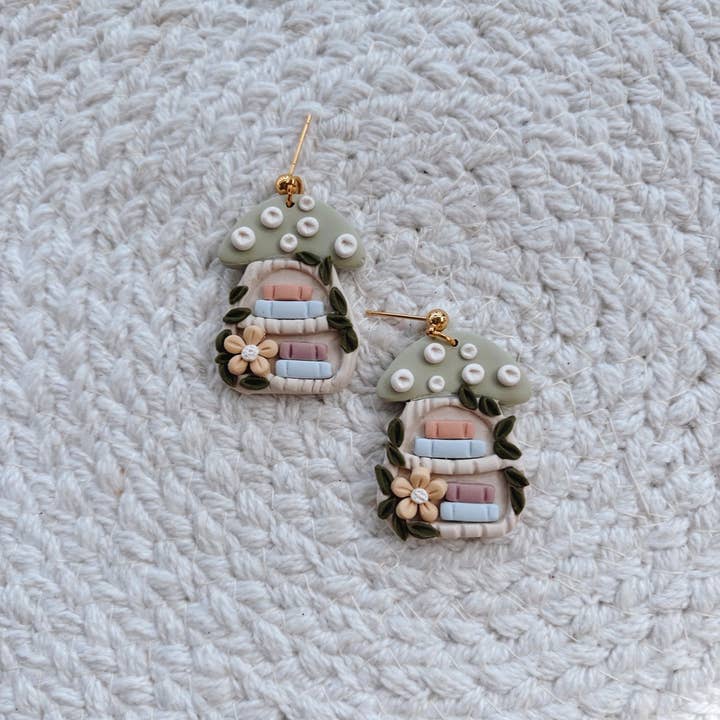 Bayside Clay - Wholesale Dangle Earrings - Mushroom Bookshelf Earrings | Clay Earrings | Bookish1
