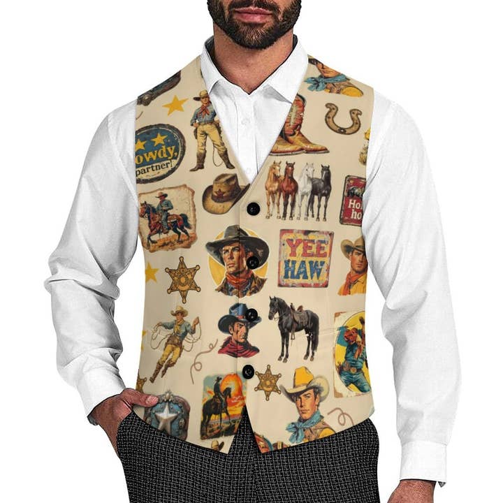 Baha Ranch Vintage Western Cowboy Collage Men's Sleeveless Suit Vest for wholesale by BAHA RANCH WESTERN WEAR