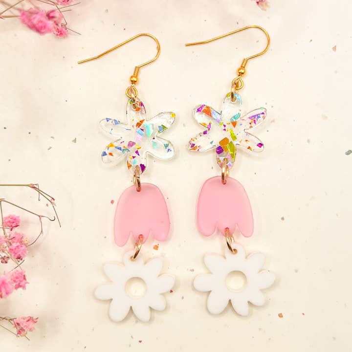 (Pink/White/Glitter) Bouquet Charm Acrylic Earrings for wholesale by Hoity Toity Goods