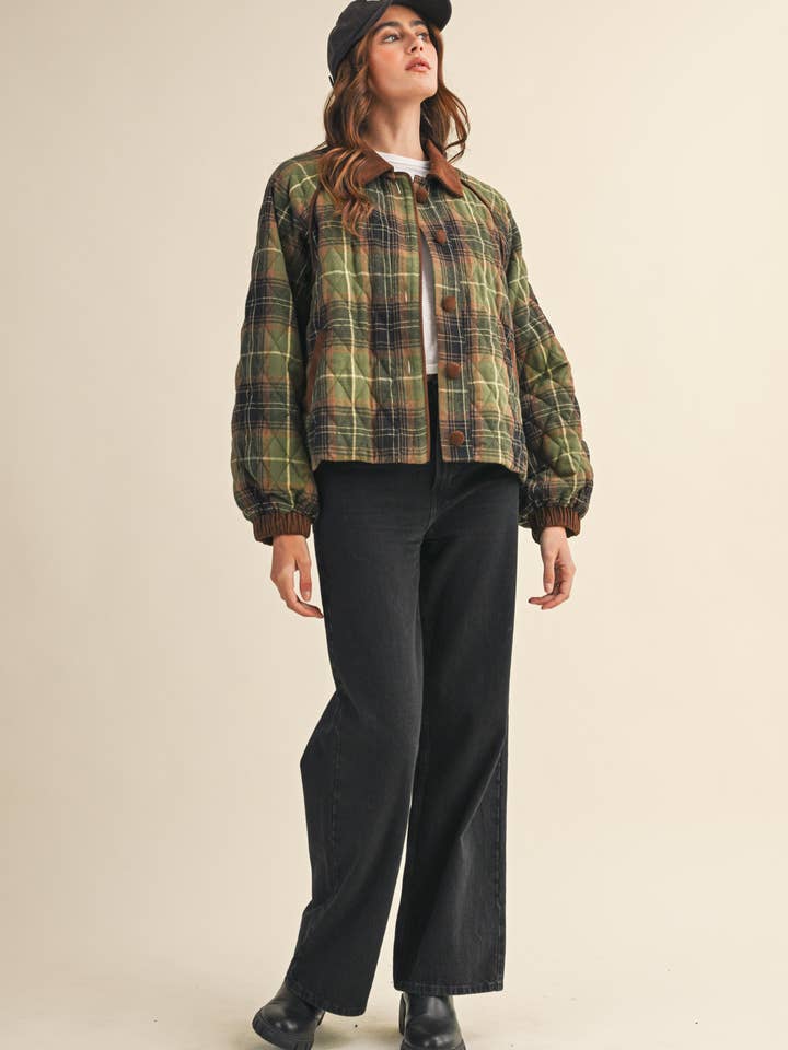 &MERCI - Wholesale Jacket - Women's - PLAID QUILTED JACKET WITH CONTRAST CORDUROY DETAIL MJK411522