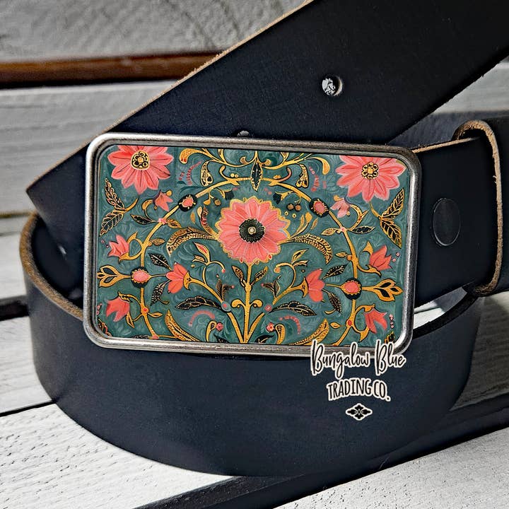 Pink Teal Boho Indian Floral Pattern Belt Buckle for wholesale by Bungalow Blue Trading Co