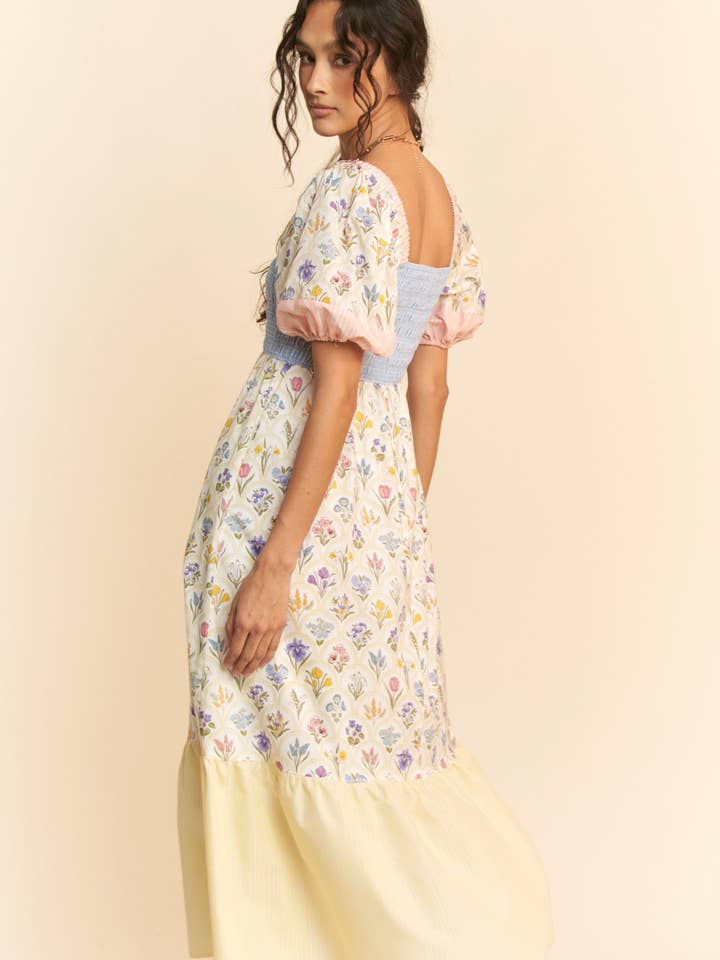 PASTEL YELLOW MULTI FLORAL BOUQUET WALLPAPER PUFF SLEEVE TIERED DRESS for wholesale on Faire3