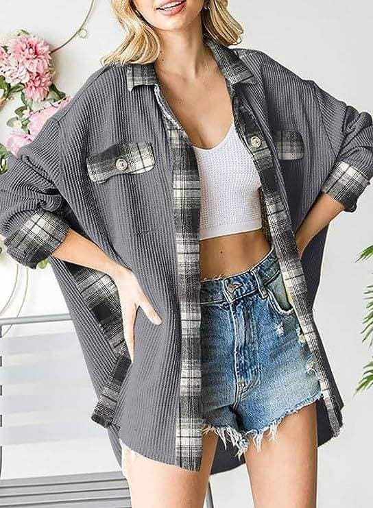 Queen Fashion – wholesale Jacket – Women's – sleeve top melliflo waffle knit plaid shacket3