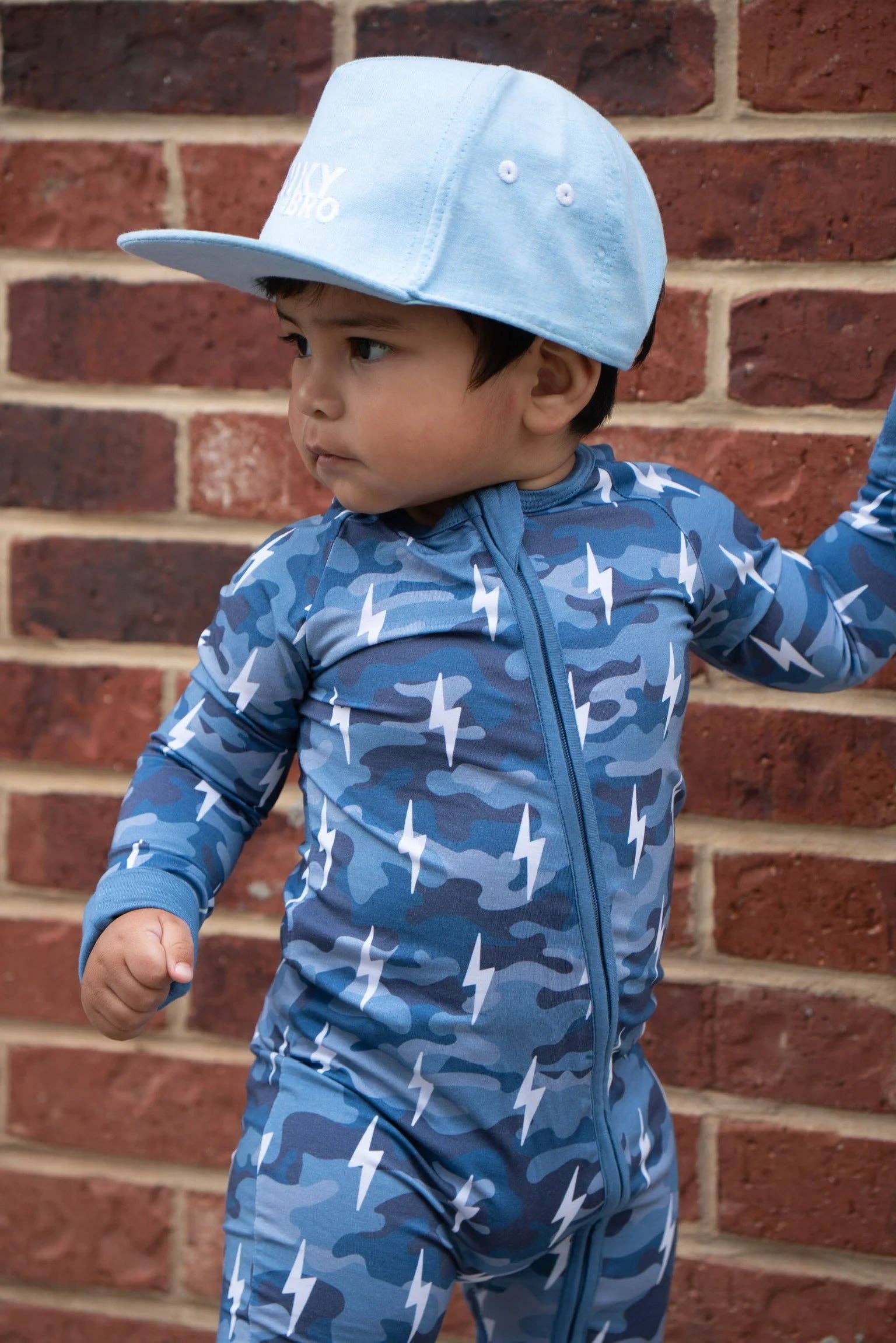 Lucky Panda Kids - Wholesale Jumpsuit - Baby - Bamboo Zip Romper | Blue Camo Bolts10